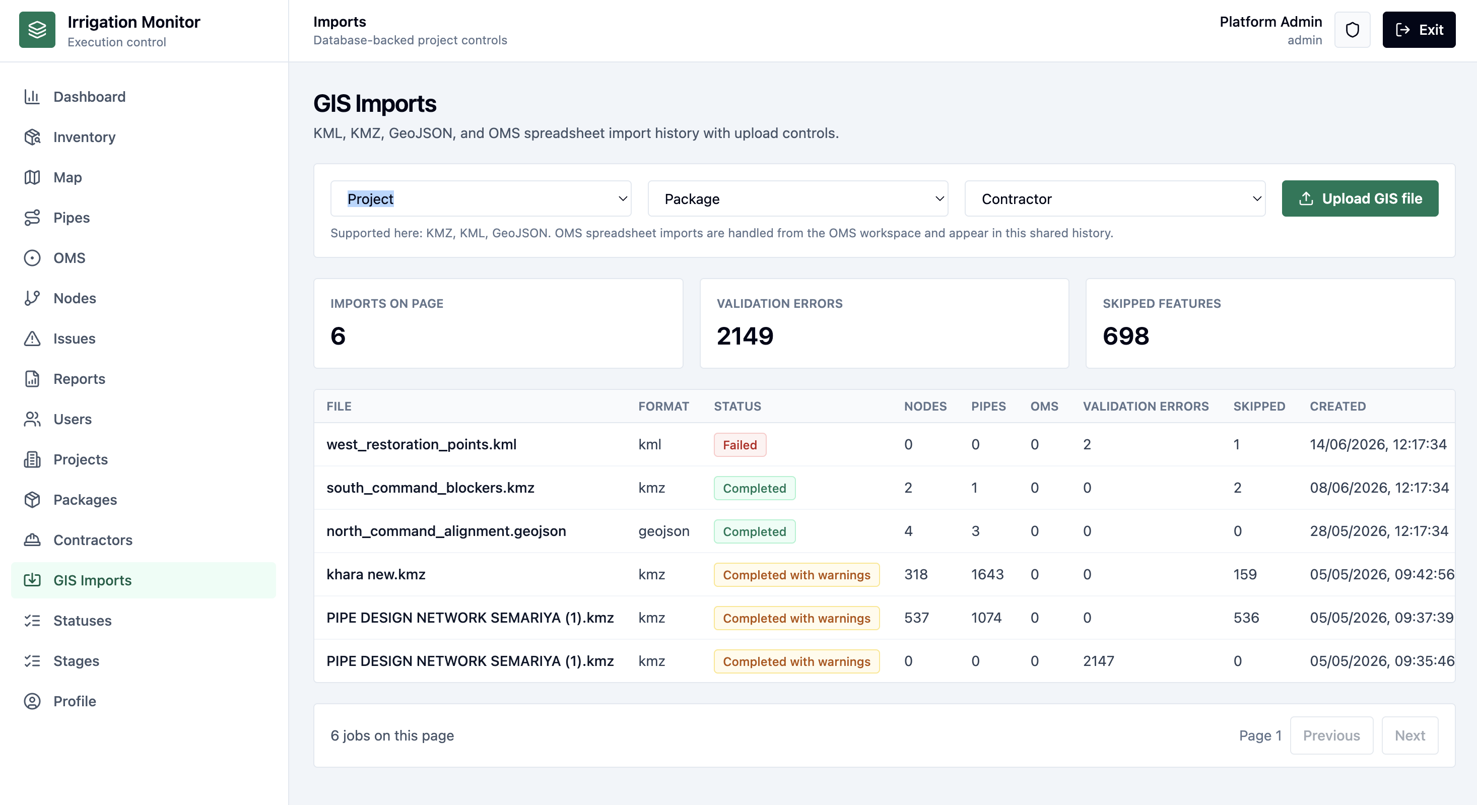 Traceline GIS imports and KMZ upload screenshot