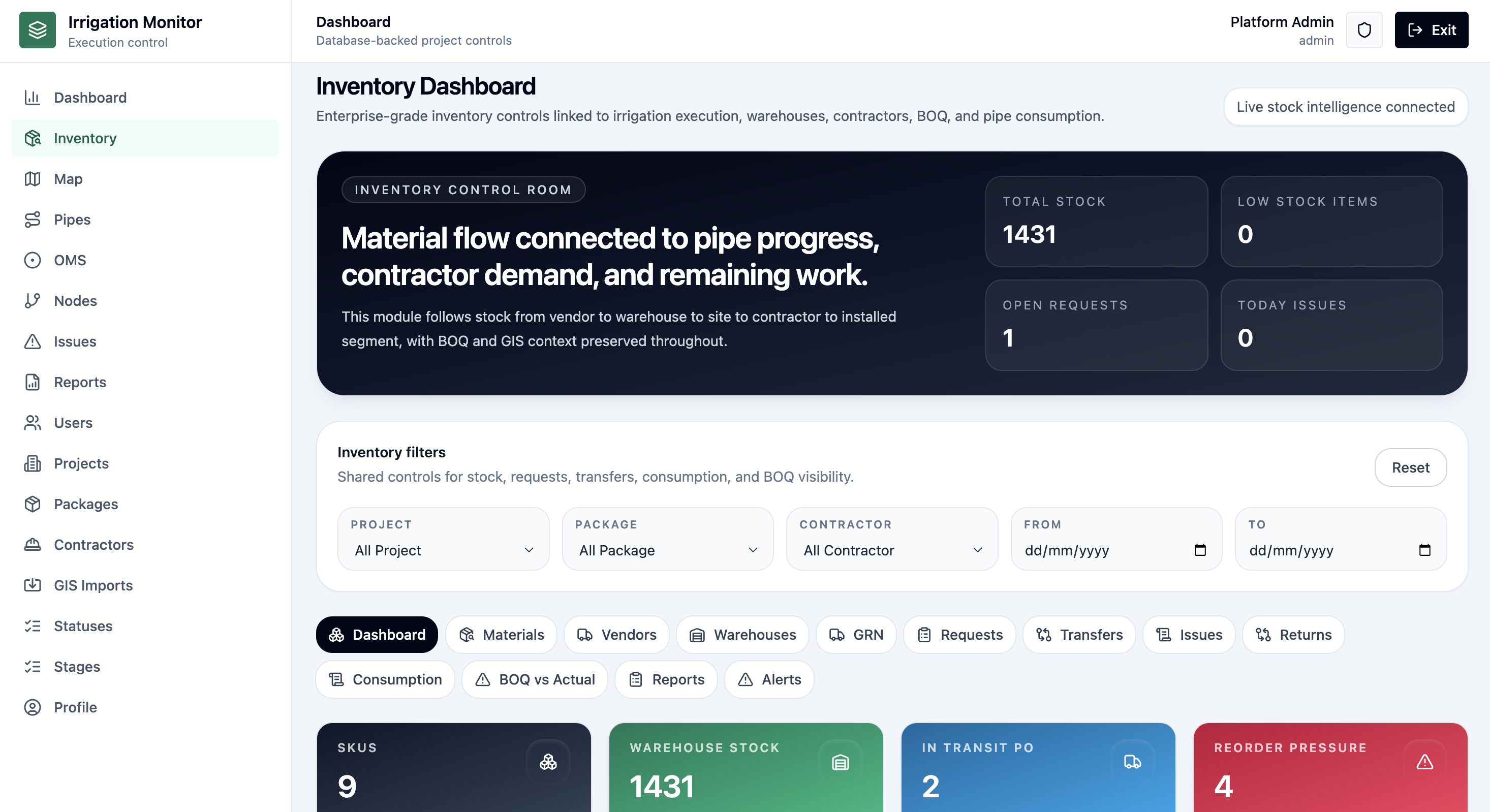 Traceline inventory dashboard screenshot