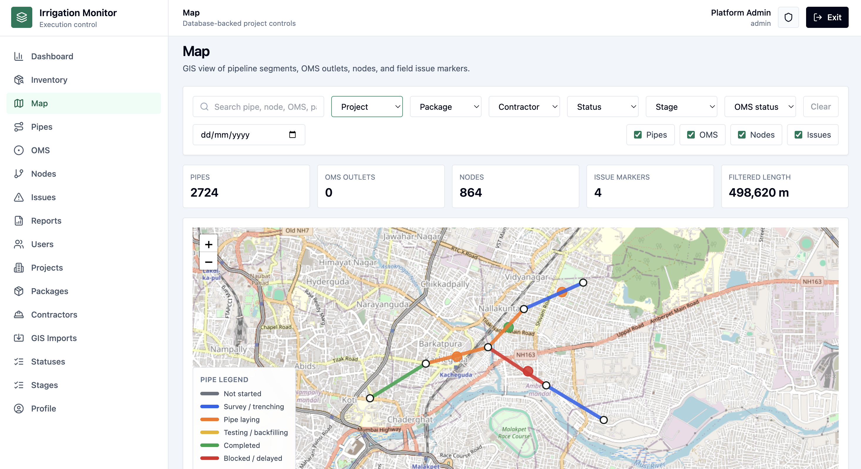 Traceline GIS map monitoring screenshot